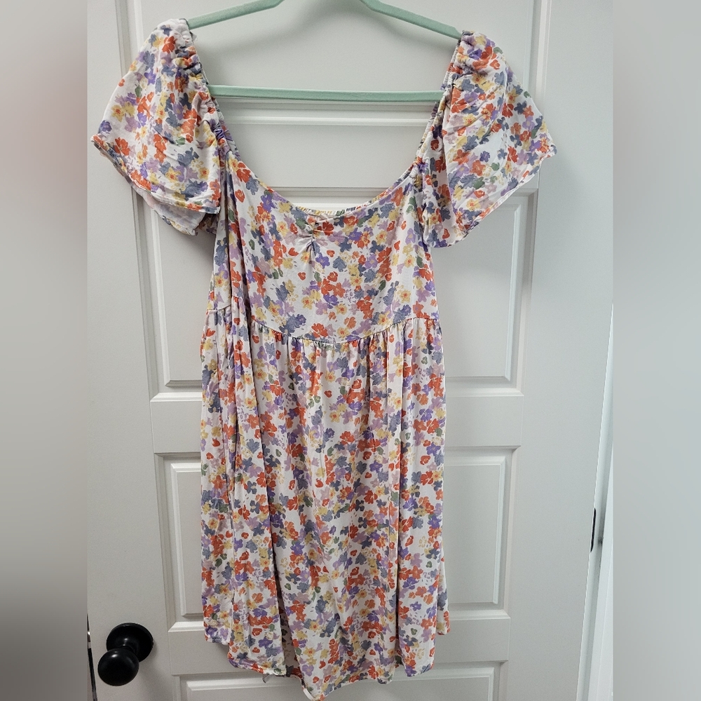 Floral Puff Sleeve Midi Dress - Lavender, Orange & Yellow Print